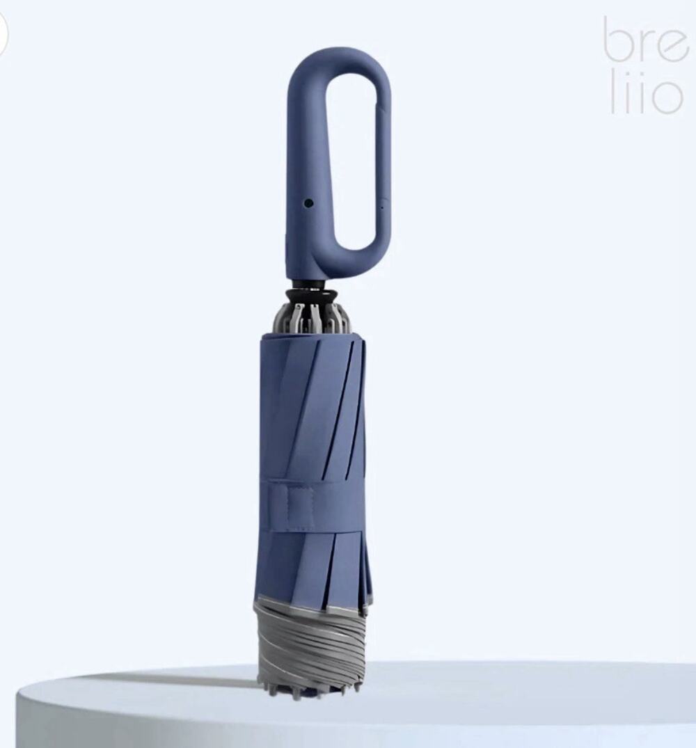 Brellio Compact/Folding Reverse Umbrella w/ Clip-On Handle, Blue/Gray